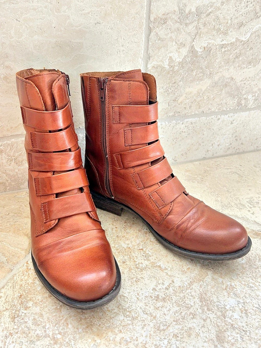 Miz Mooz Leighton Cognac Brown Leather Ankle Boots w Straps sz 8.5